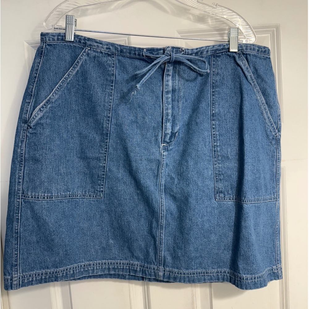 Vtg 90s Womens Denim Skirt Blue Jean A Line Pockets Tie Waist Sz 18 W‎ 19" Long